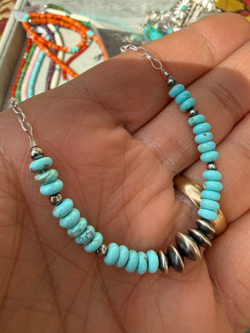 Meranda Thompson Navajo #8 Turquoise & Handmade Navajo Pearl Stacker Necklace 18”