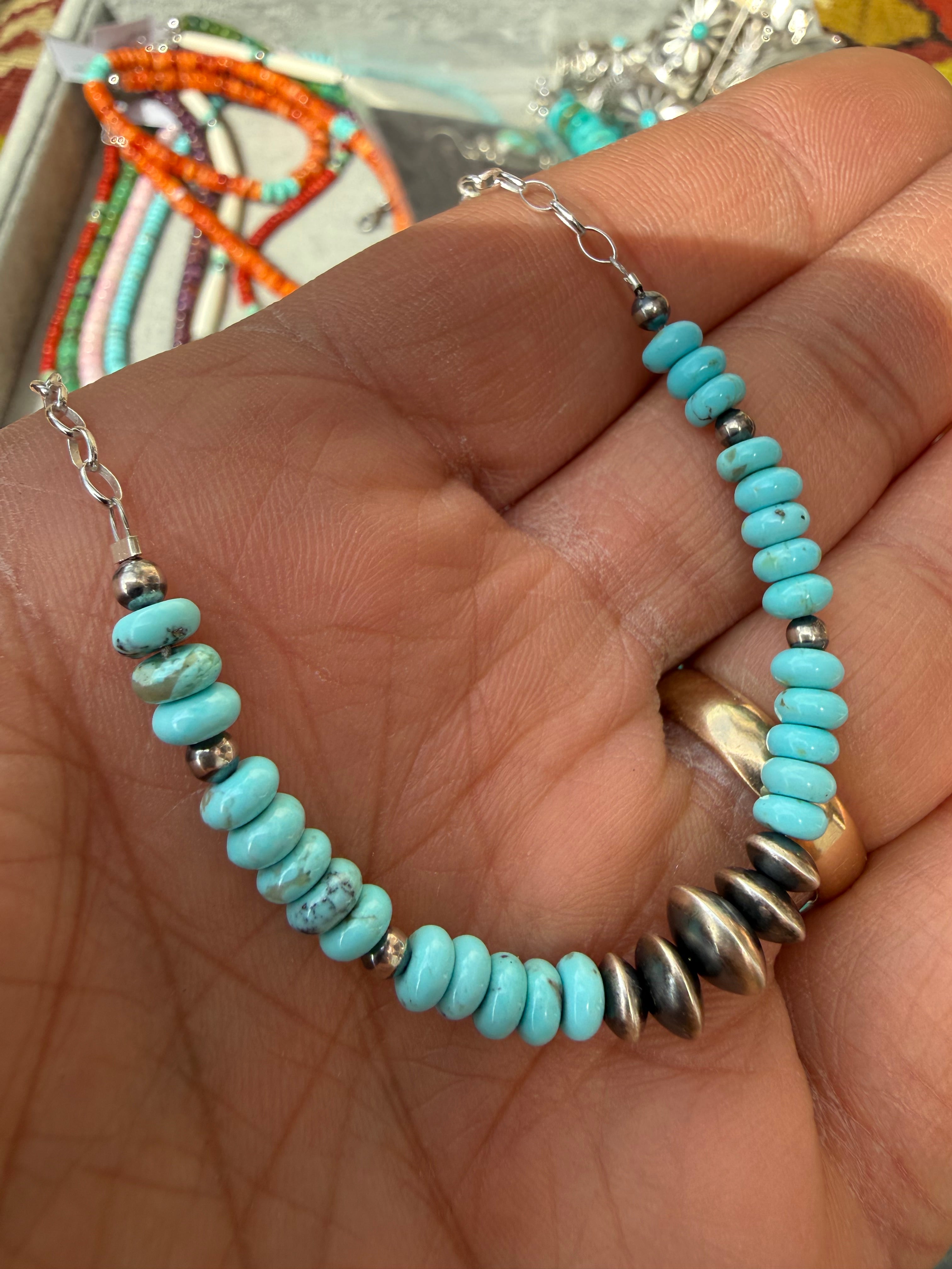 Meranda Thompson Navajo #8 Turquoise & Handmade Navajo Pearl Stacker Necklace 18”