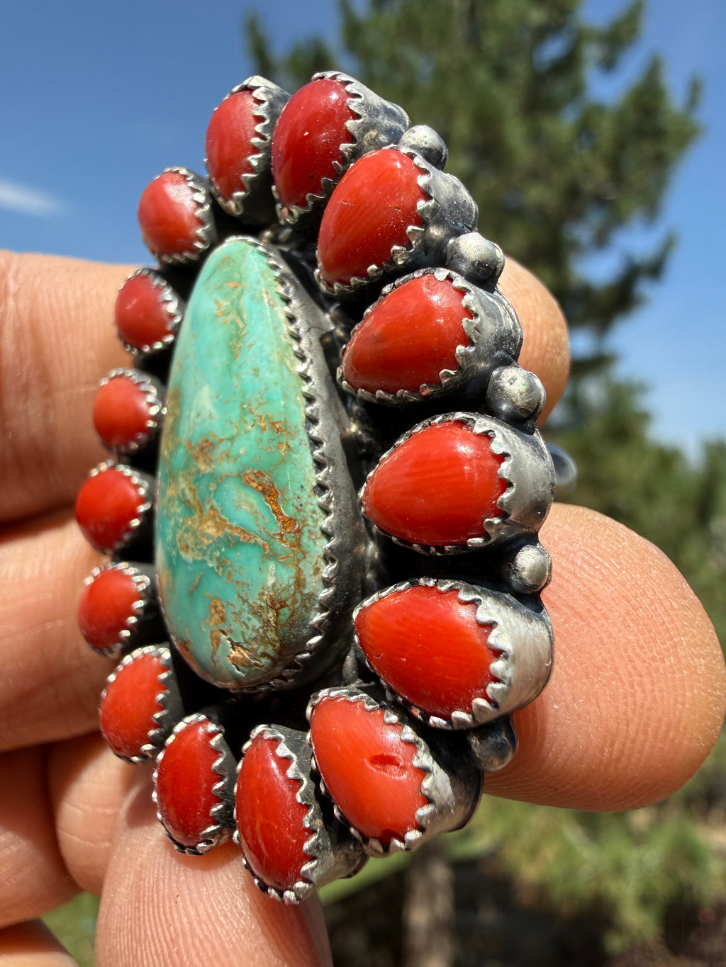 Annie Spencer Navajo Royston Turquoise & Coral Ring Size Adjustable