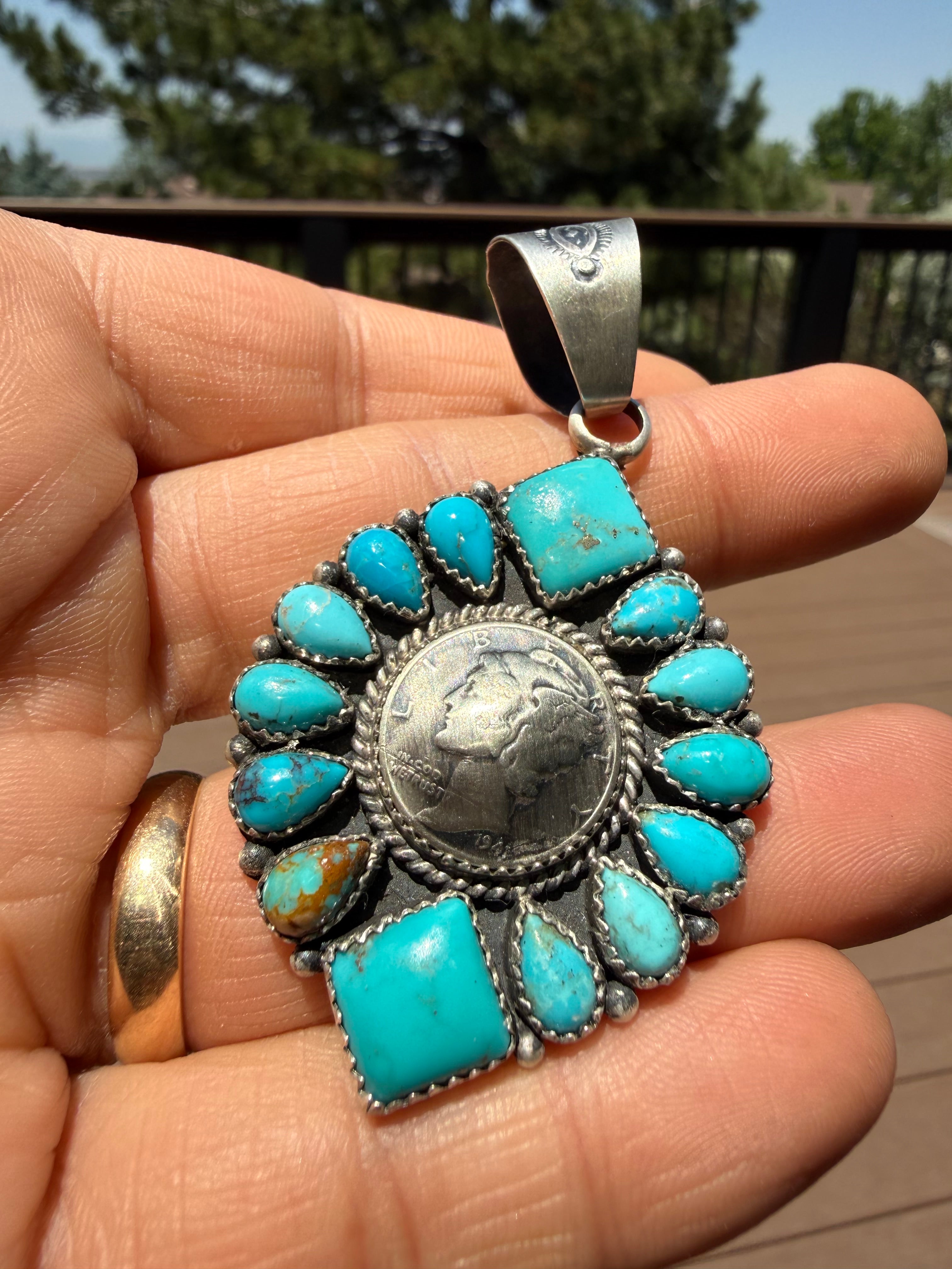 Annie Spencer Navajo Kingman Turquoise Dime Cluster Pendant