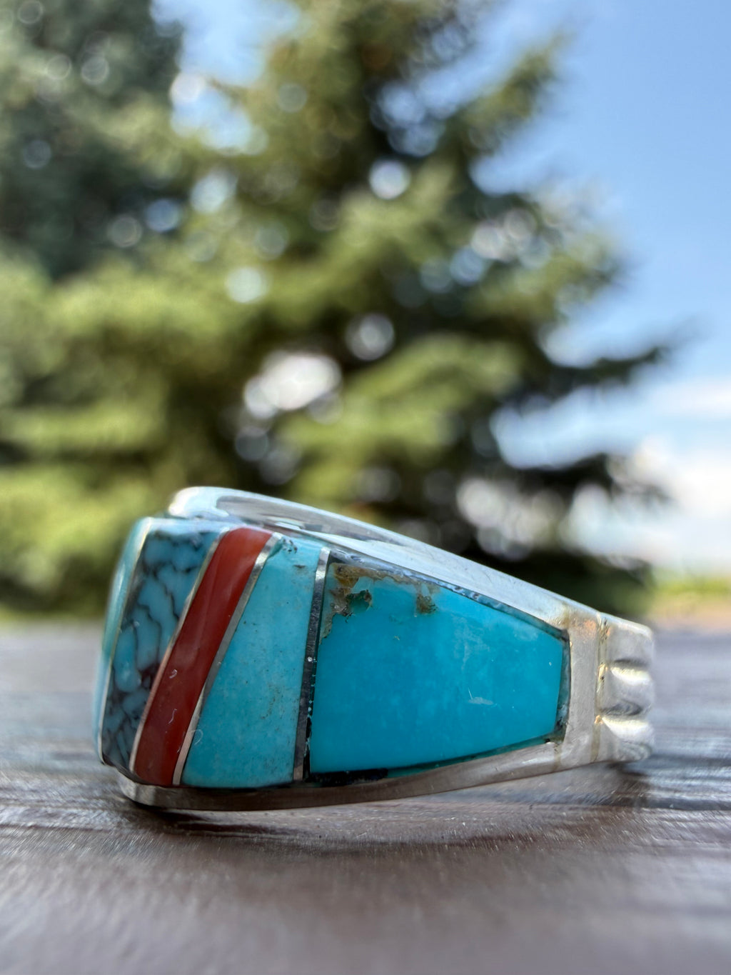 Edison Yazzie Navajo Multi Natural Gemstone Inlaid Ring Size