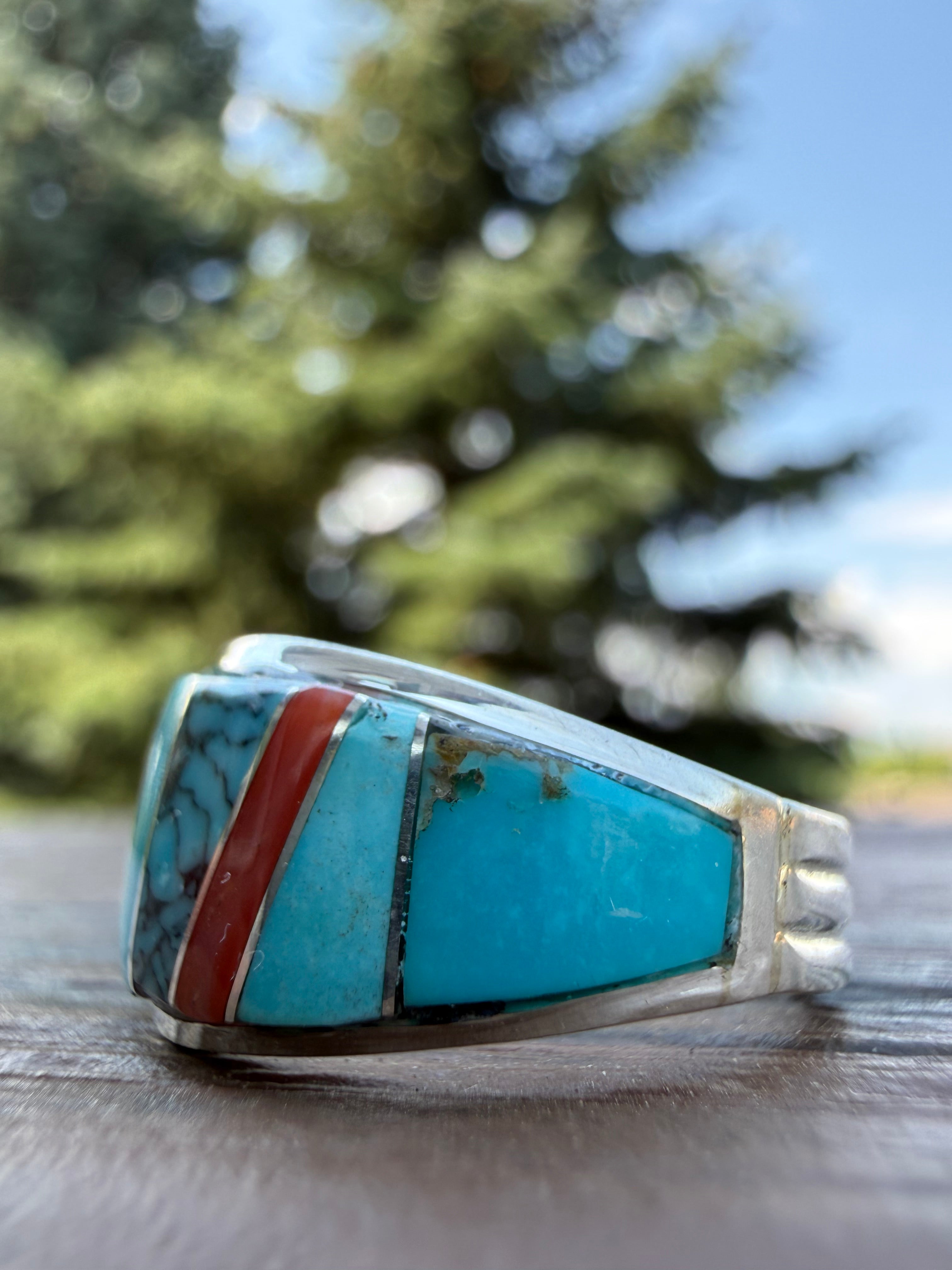 Edison Yazzie Navajo Multi Natural Gemstone Inlaid Ring Size