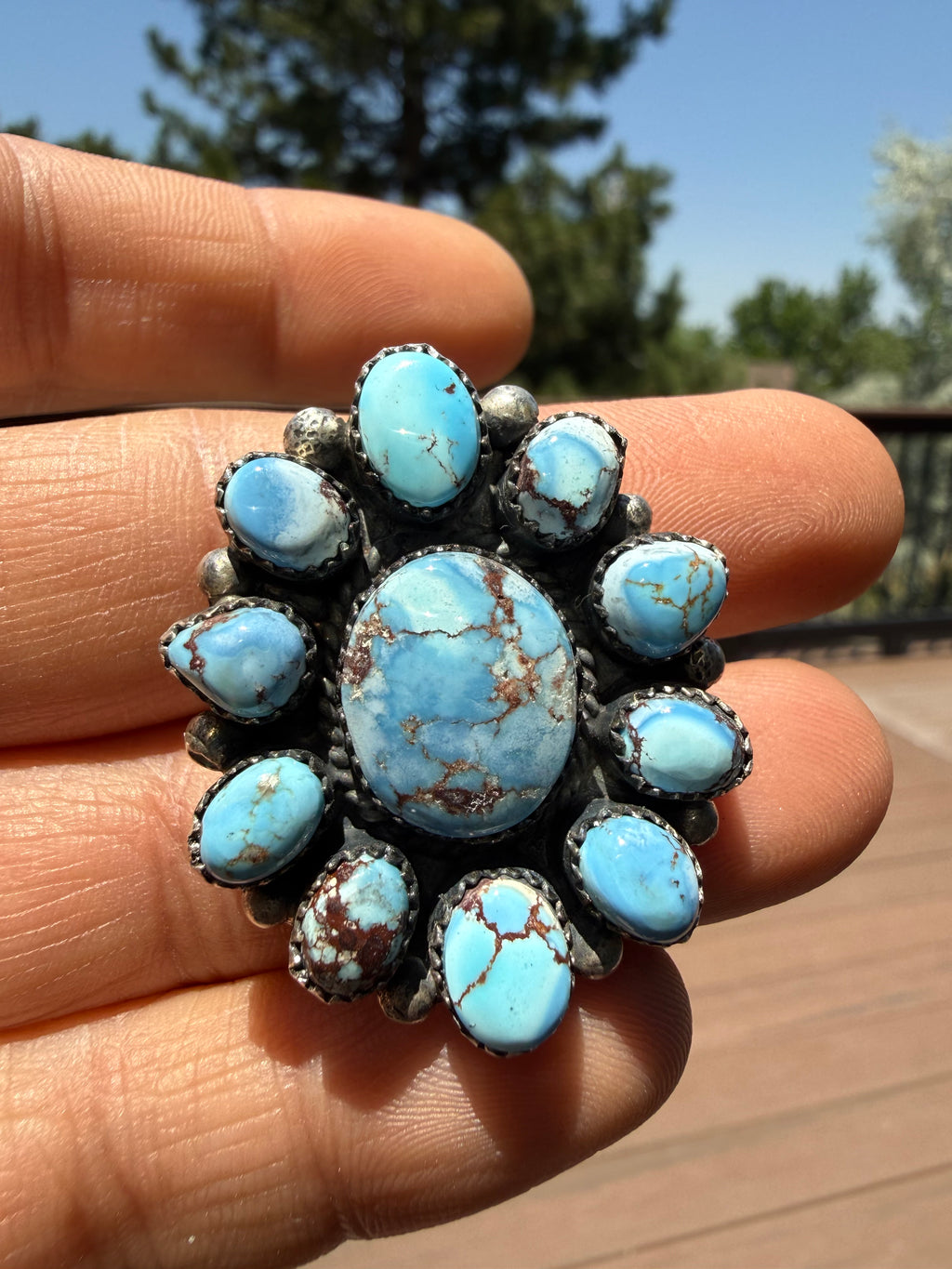 Annie Spencer Navajo Golden Hills Turquoise Cluster Ring Size Adjustable