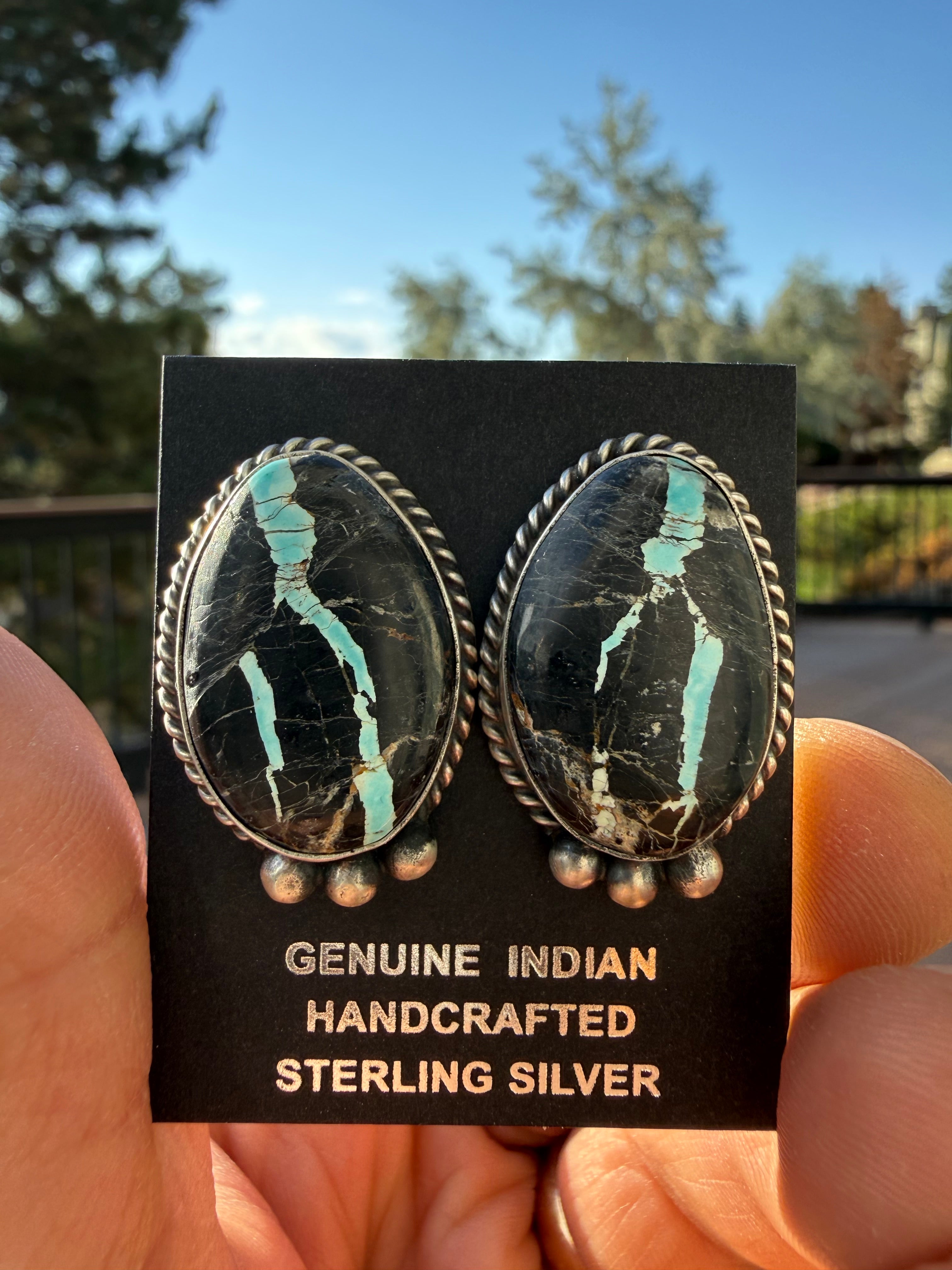 Johnny Dixon Navajo Nevada Blackjack Turquoise Earrings