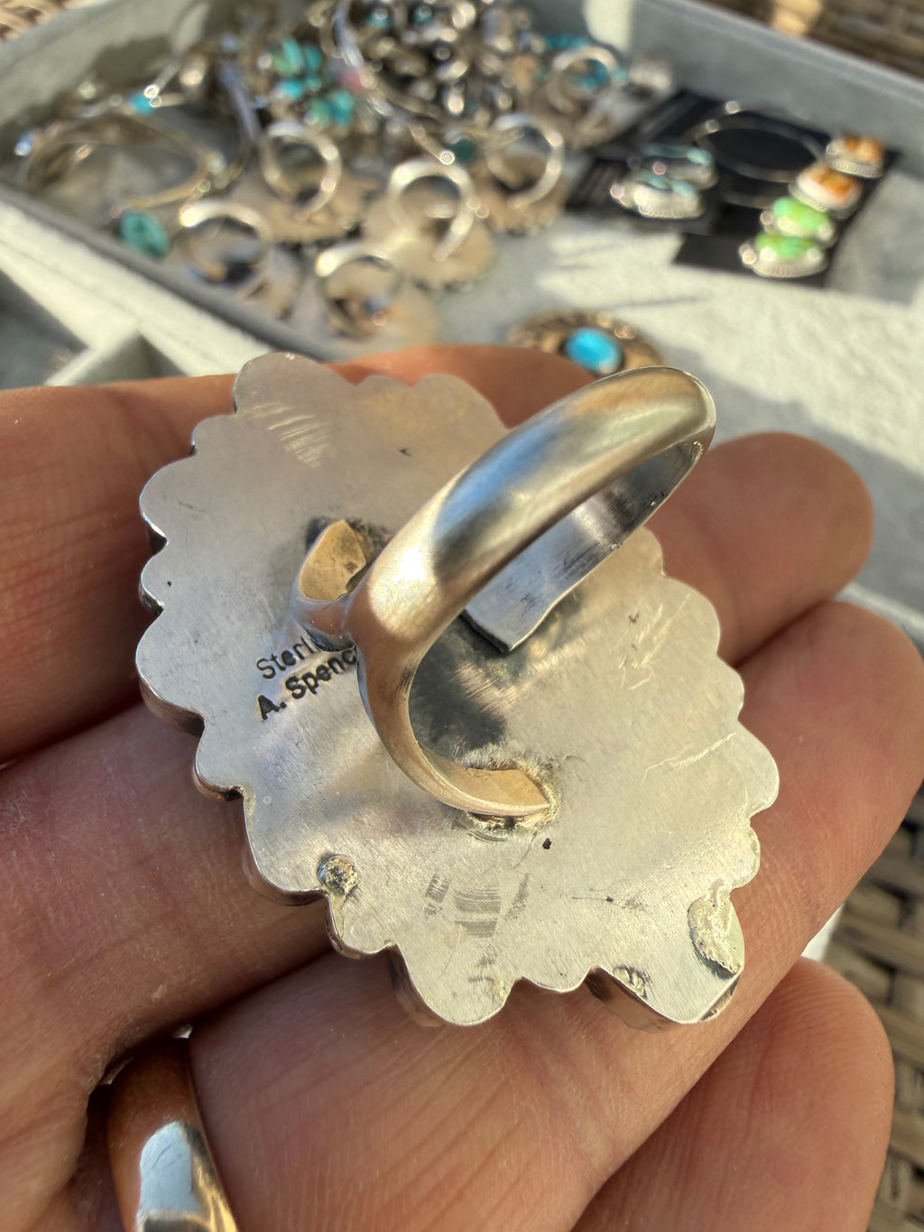Annie Spencer Navajo Kingman Turquoise Cluster Ring Adjustable
