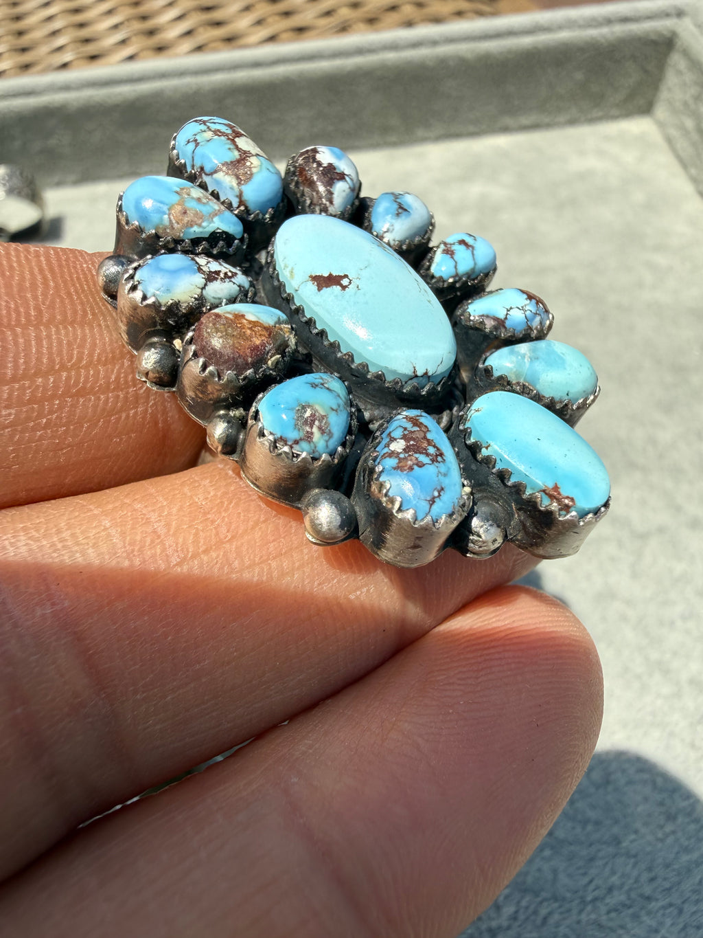 Annie Spencer Navajo Golden Hills Turquoise Cluster Ring Size Adjustable