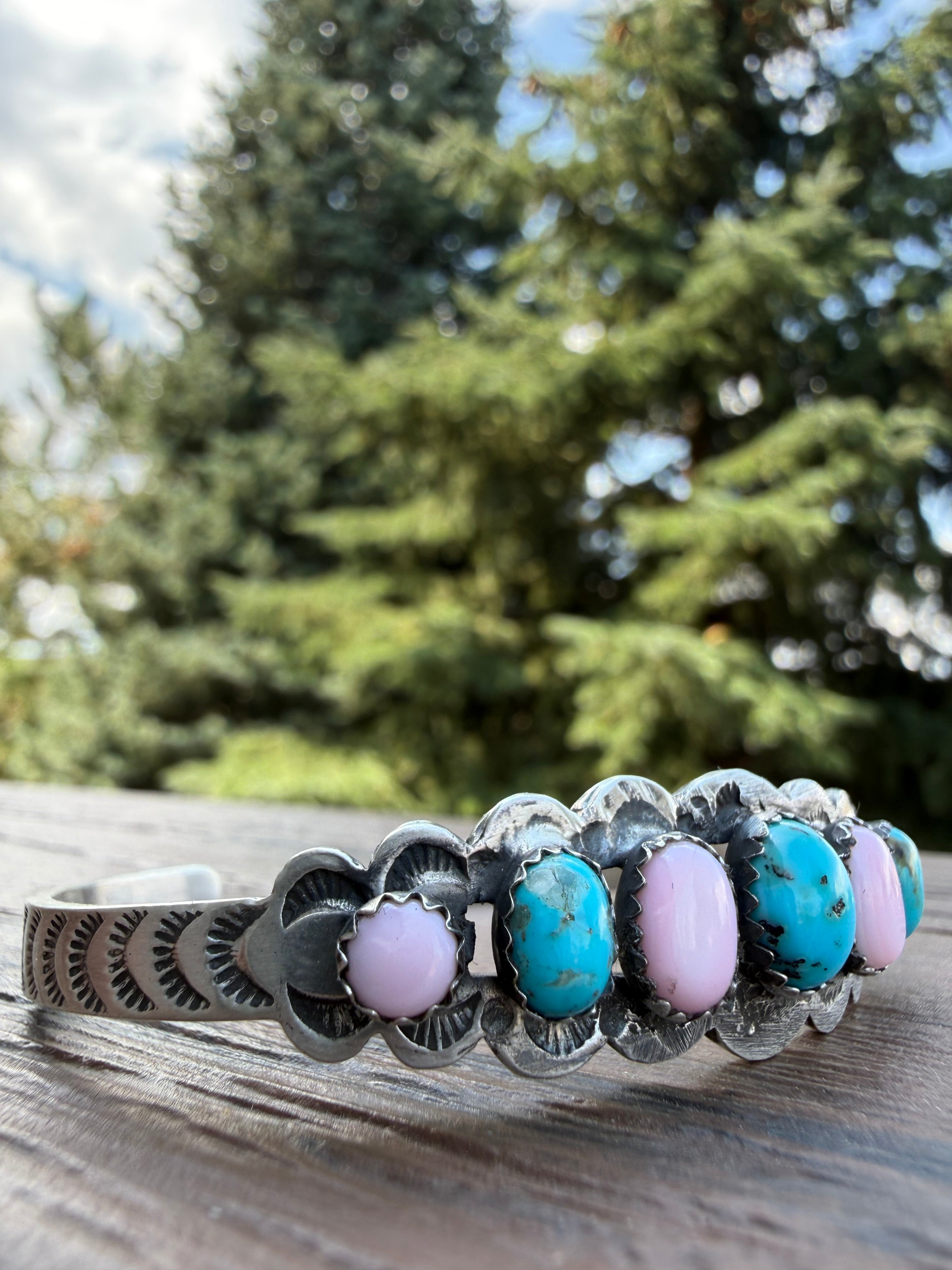 Russell Sam Navajo Turquoise & Pink Conch Cuff Size 6.5