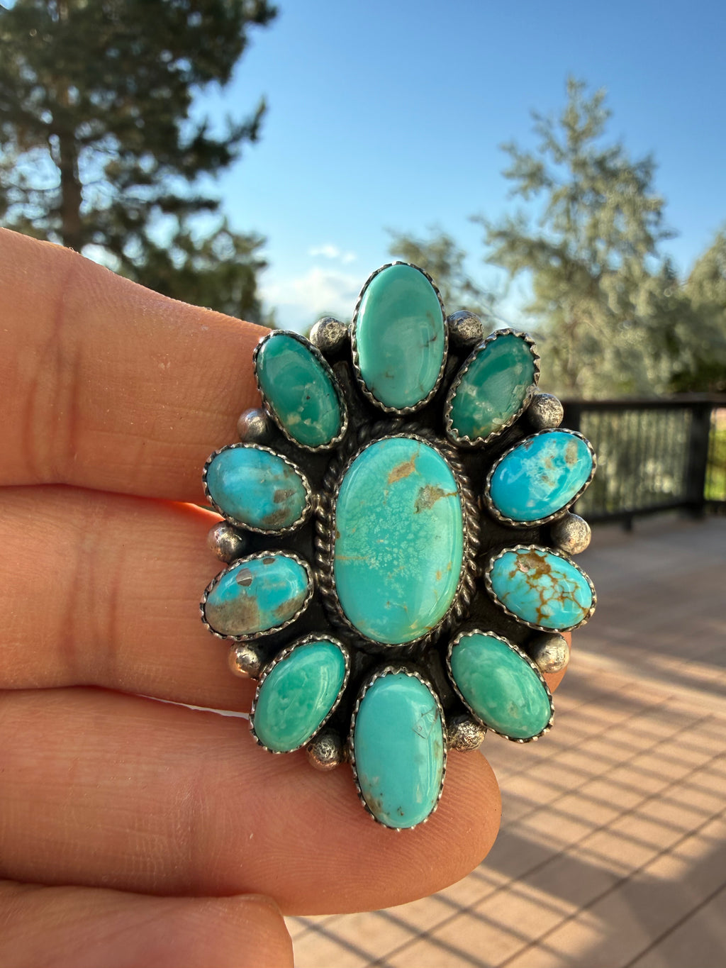 Annie Spencer Navajo Kingman Turquoise Cluster Ring Adjustable