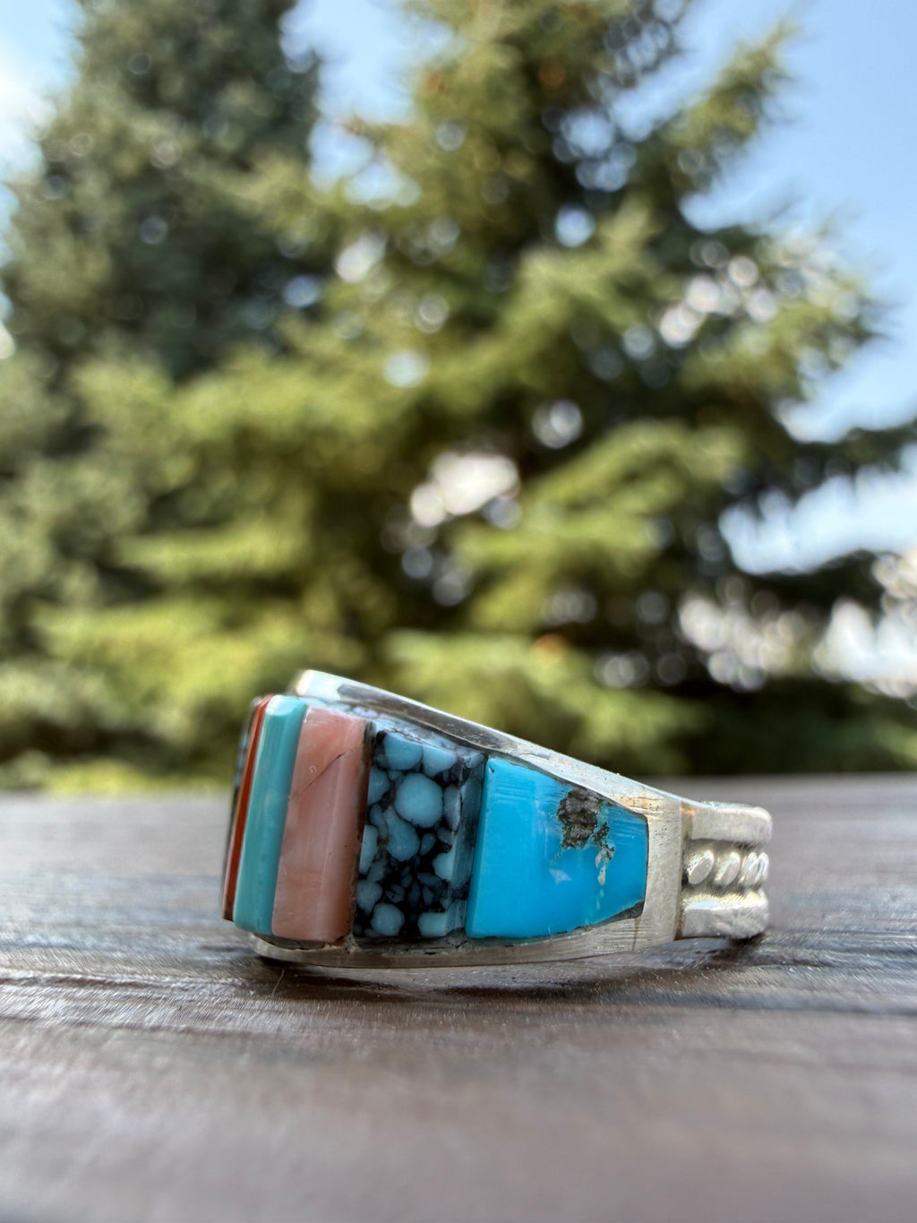 Edison Yazzie Navajo Multi Natural Gemstone Inlaid Ring Size