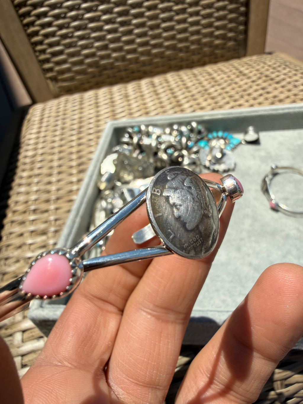 Keith Henry Navajo Pink Conch Dime Cuff Bracelet SZ 6.5